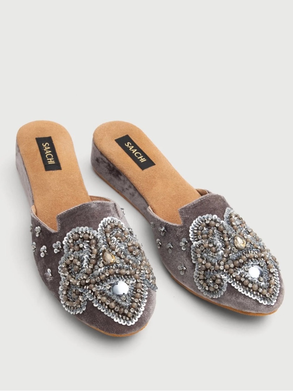 SAACHI Gray Beaded Velvet Slip-On Mules